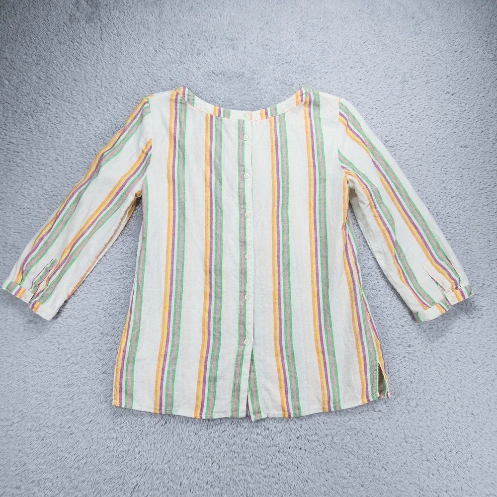 Boden Linen Tunic Blouse Womens 4 Multicolor Stripe 3/4 Sleeve Button Boat Neck - Picture 12 of 12